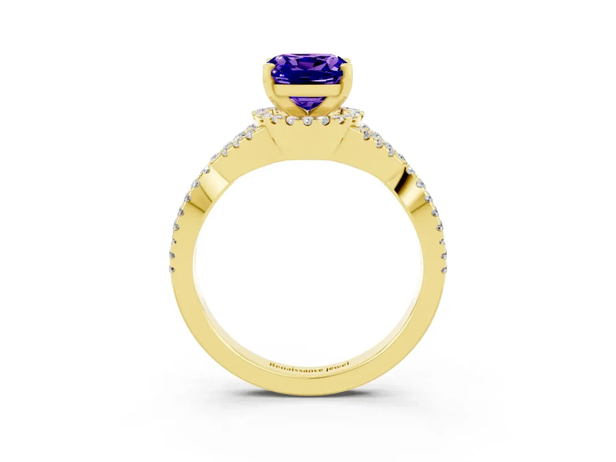 Cushion Cut Tanzanite Halo Twist Band Solitaire Prong Setting Ring Yellow gold