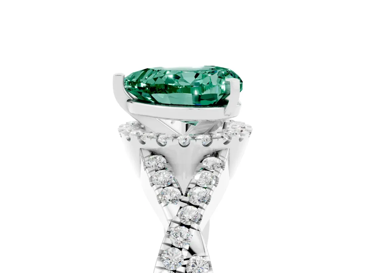 Heart Cut Green Sapphire Halo Twist Band Solitaire Prong Setting Ring White gold