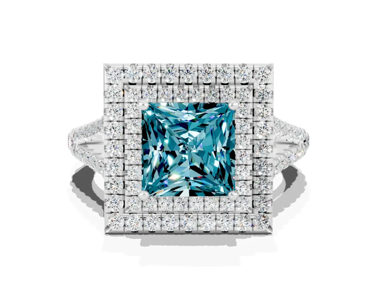 Princess Cut Blue Topaz Double Halo Ring with Pavé Band and Prong Setting White gold
