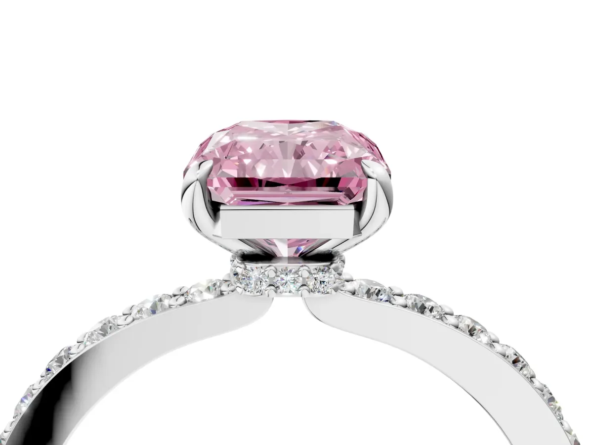 Fancy Pink Radiant Cut Diamond Solitaire Engagement Ring with Pavé Band and Four-Prong Setting White gold