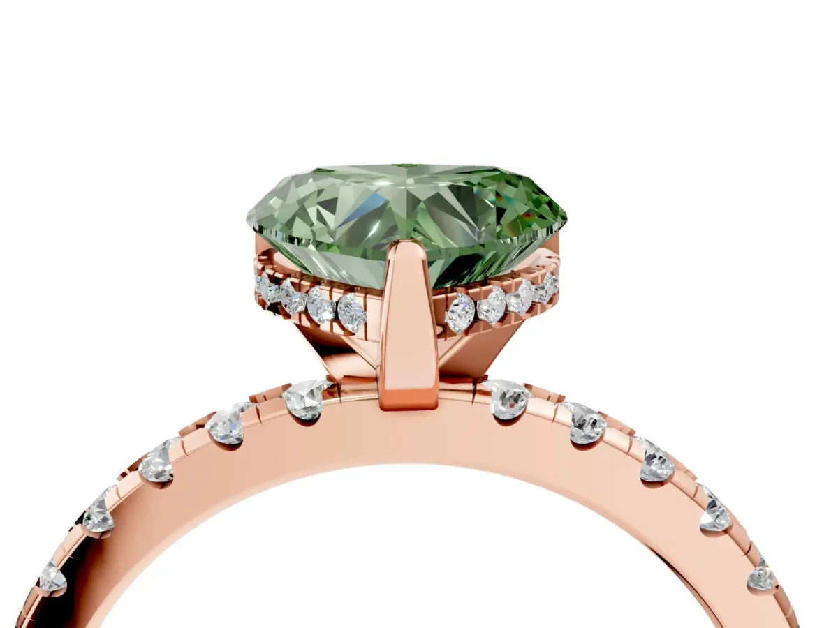 Fancy Green Heart Cut Diamond Solitaire Ring with Round Pavé Band and Four-Prong Setting Rose gold