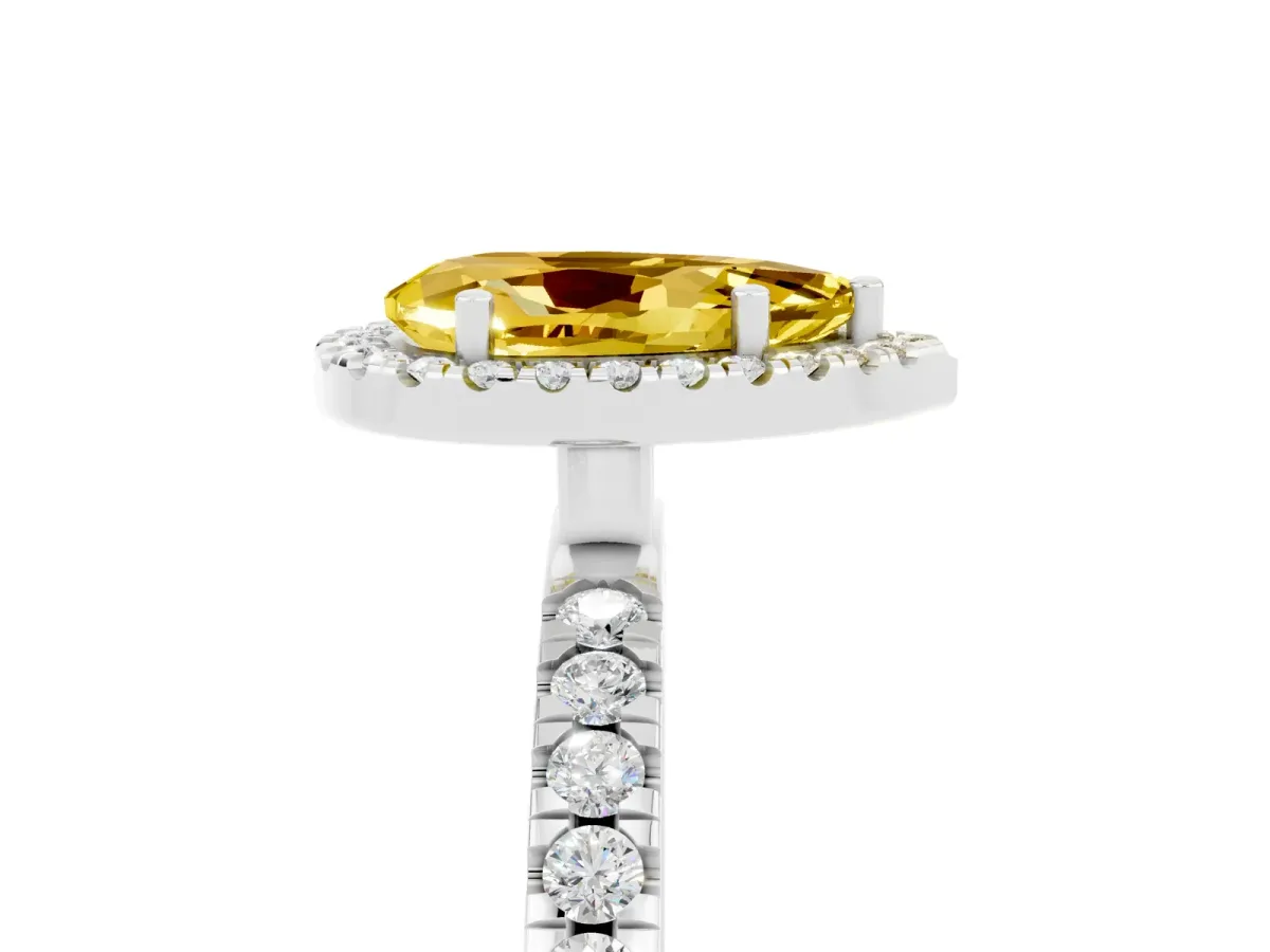 Pear Cut Yellow Sapphire Classic Halo Engagement Ring with Round Pavé Band and Prong Setting Silver