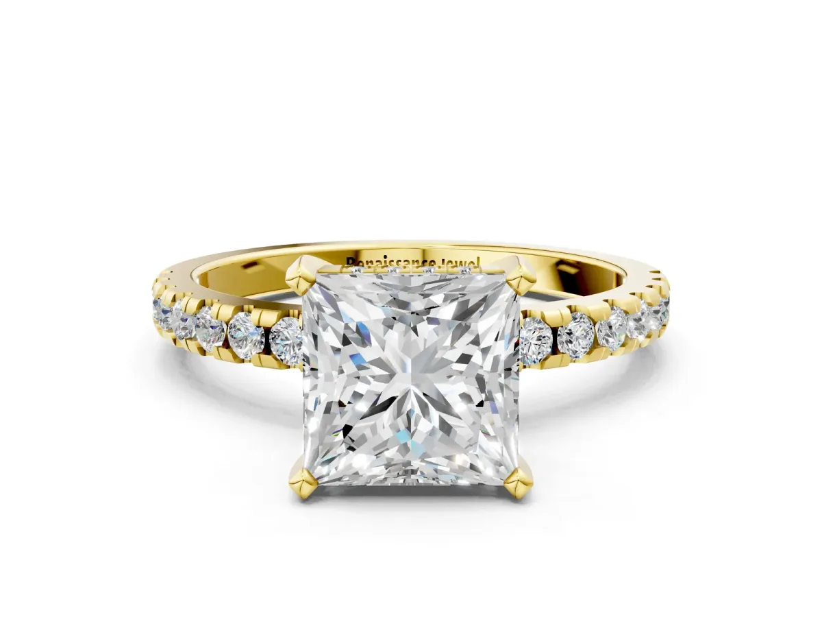 Princess Cut Diamond Solitaire Ring with Round Pavé Band and Four-Prong Setting Yellow gold