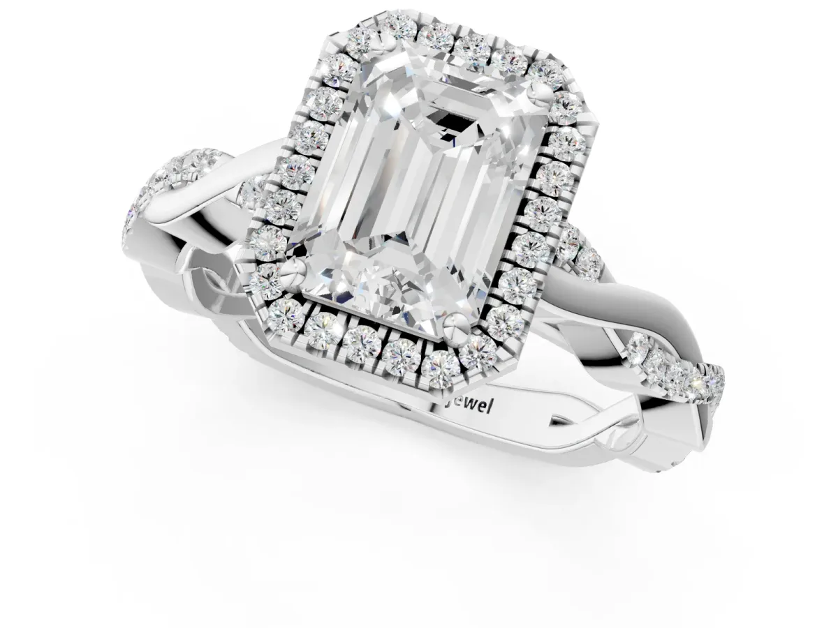 Emerald Cut Cut Halo Twisted Band Four-Prong Ring White gold