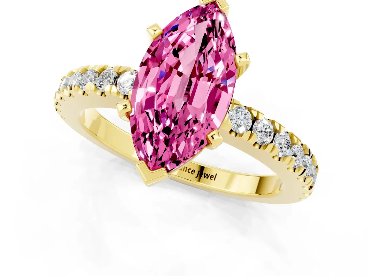 Marquise Cut Solitaire Pink Sapphire with Pavé Band and Four-Prong Setting Yellow gold
