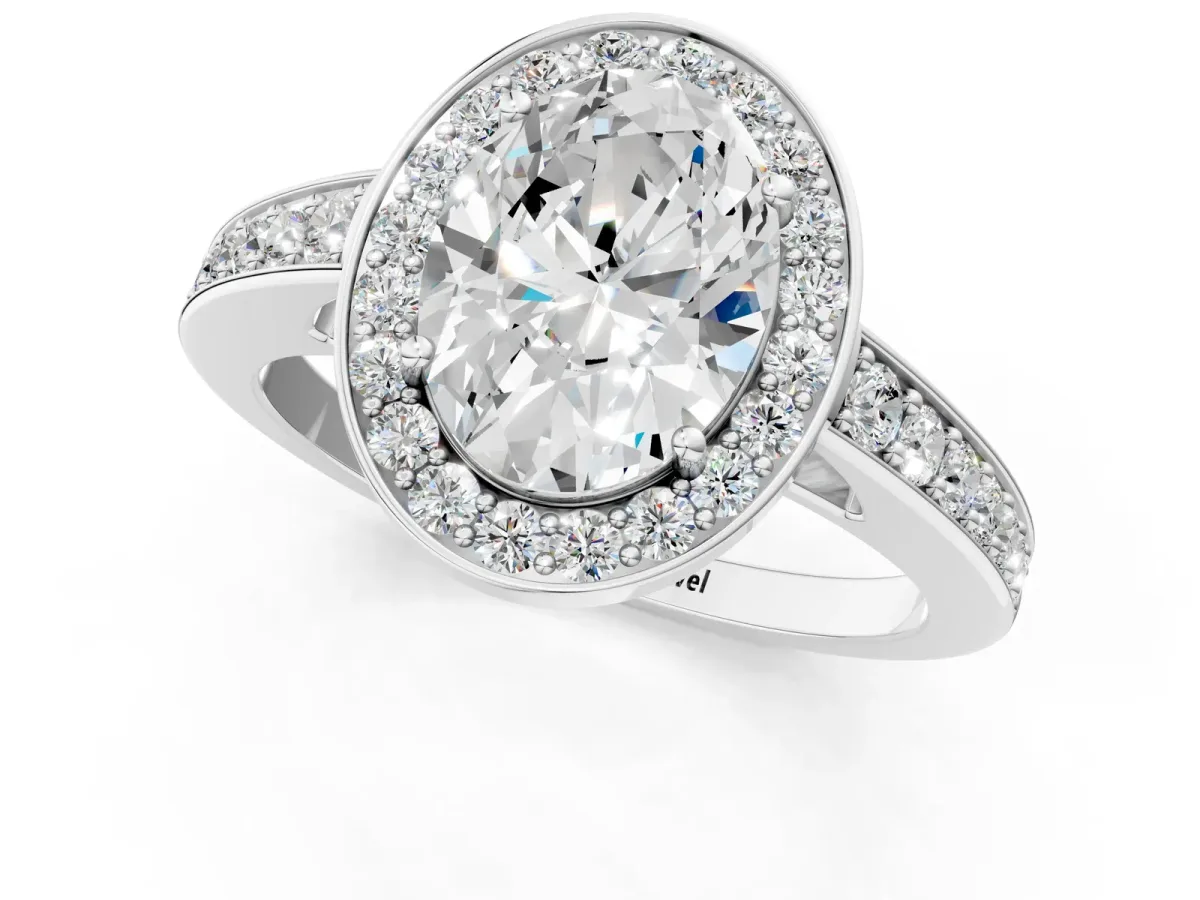 Oval Cut Halo Pavé Diamond Engagement Ring with Bezel Setting Silver
