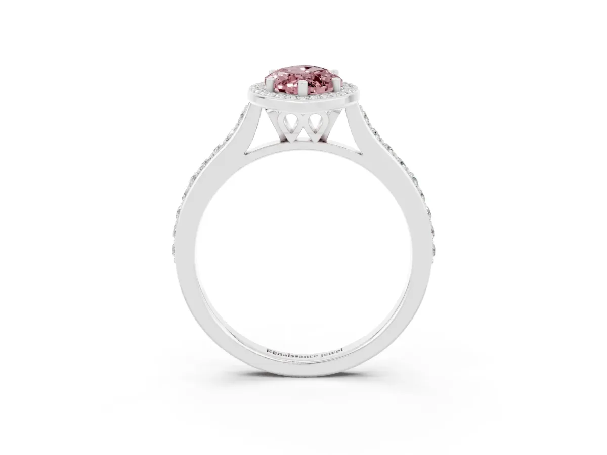 Marquise Cut Morganite Halo Engagement Ring with Round Pavé Shoulders and Prong Setting Platinum