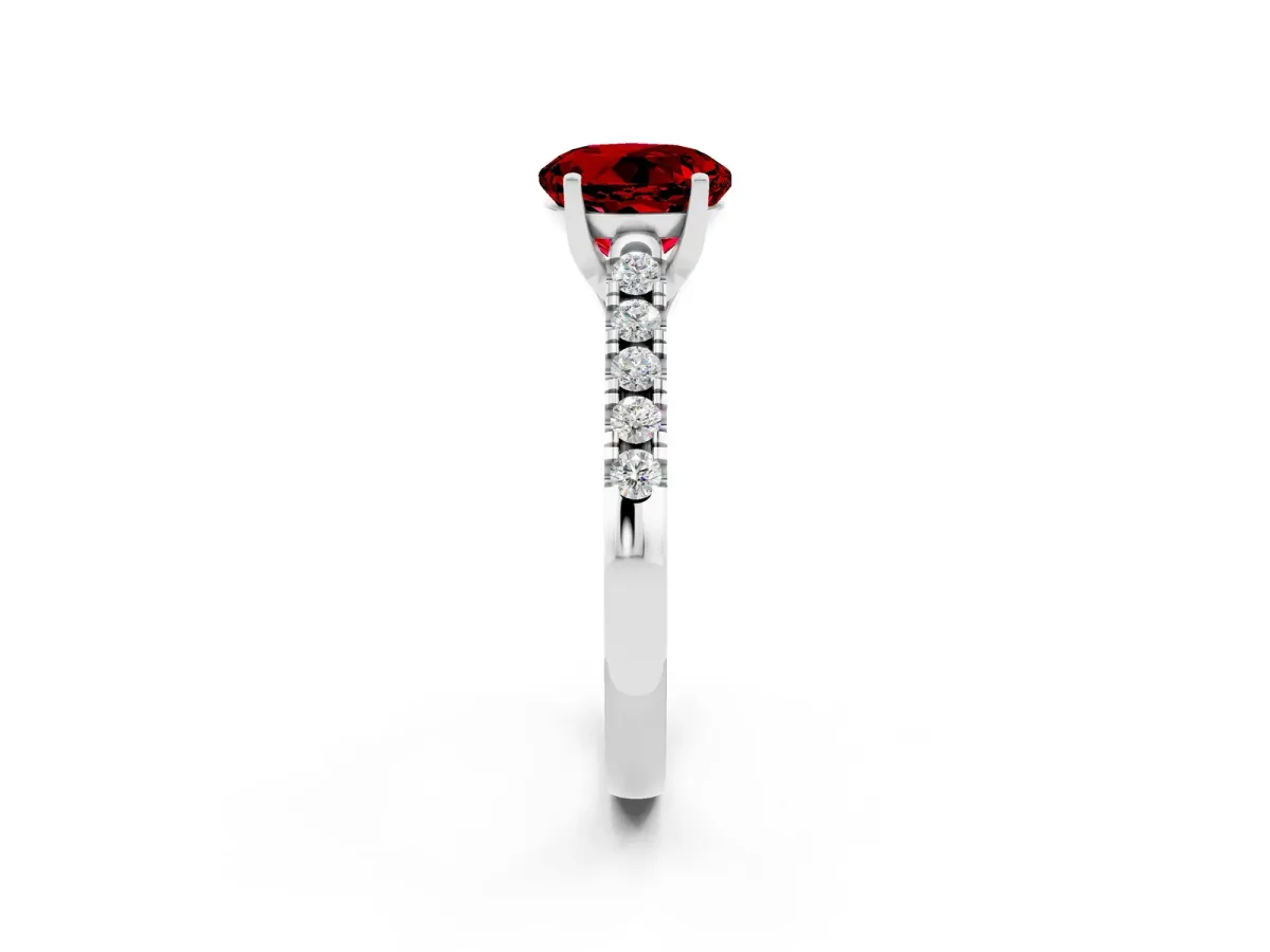 Round Cut Ruby Pavé Band Solitaire Ring with Prong Setting White gold