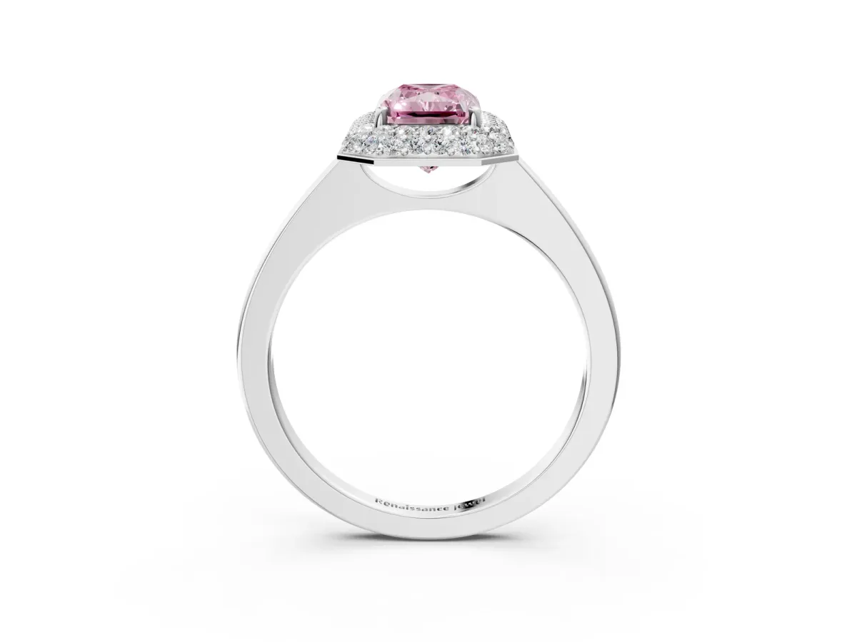 Fancy Pink Radiant Cut Halo Diamond Engagement Ring with Solitaire Band and Four-Prong Setting Platinum