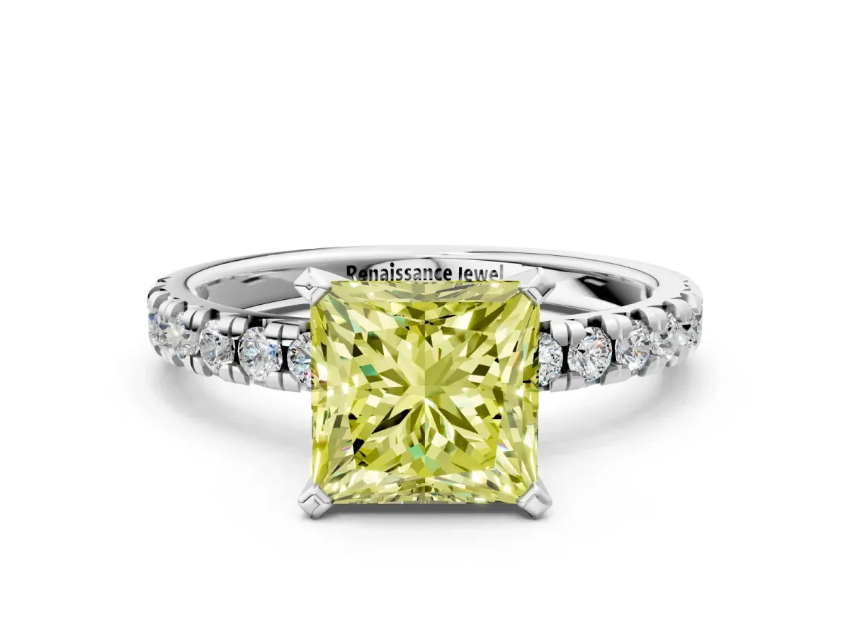 Fancy Yellow Princess Cut Diamond Solitaire Pavé Engagement Ring with Round Band and Prong Setting White gold