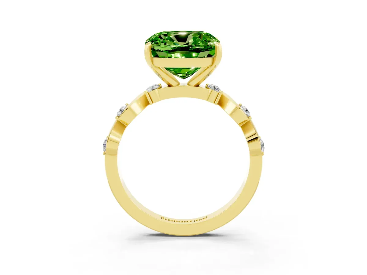 Cushion Cut Peridot Solitaire Twisted Band with Round Accents and Prong Setting Yellow gold