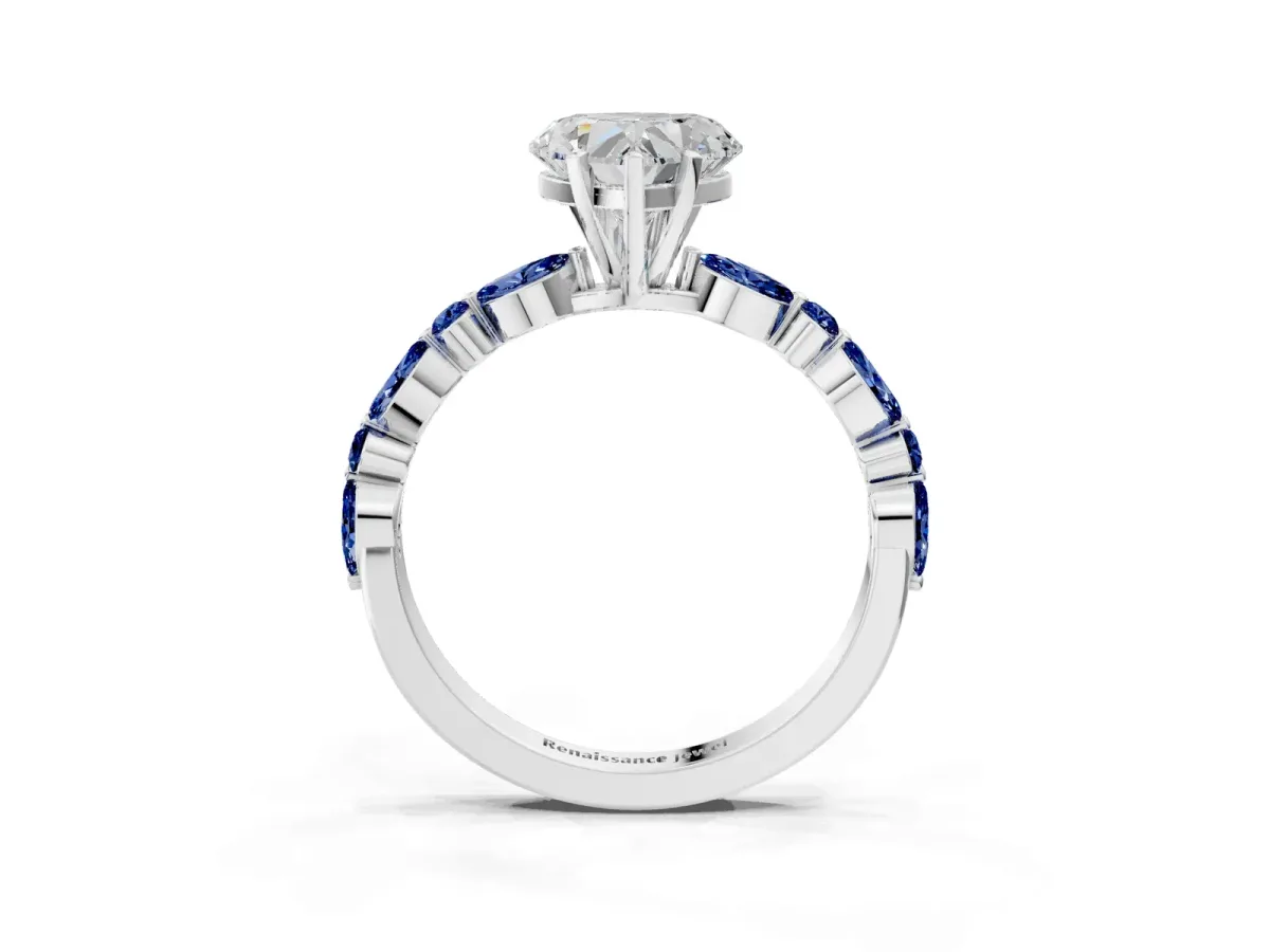 Heart Cut Diamond Ring with Marquise and Round Blue Sapphire Side Stones and Four-Prong Setting White gold