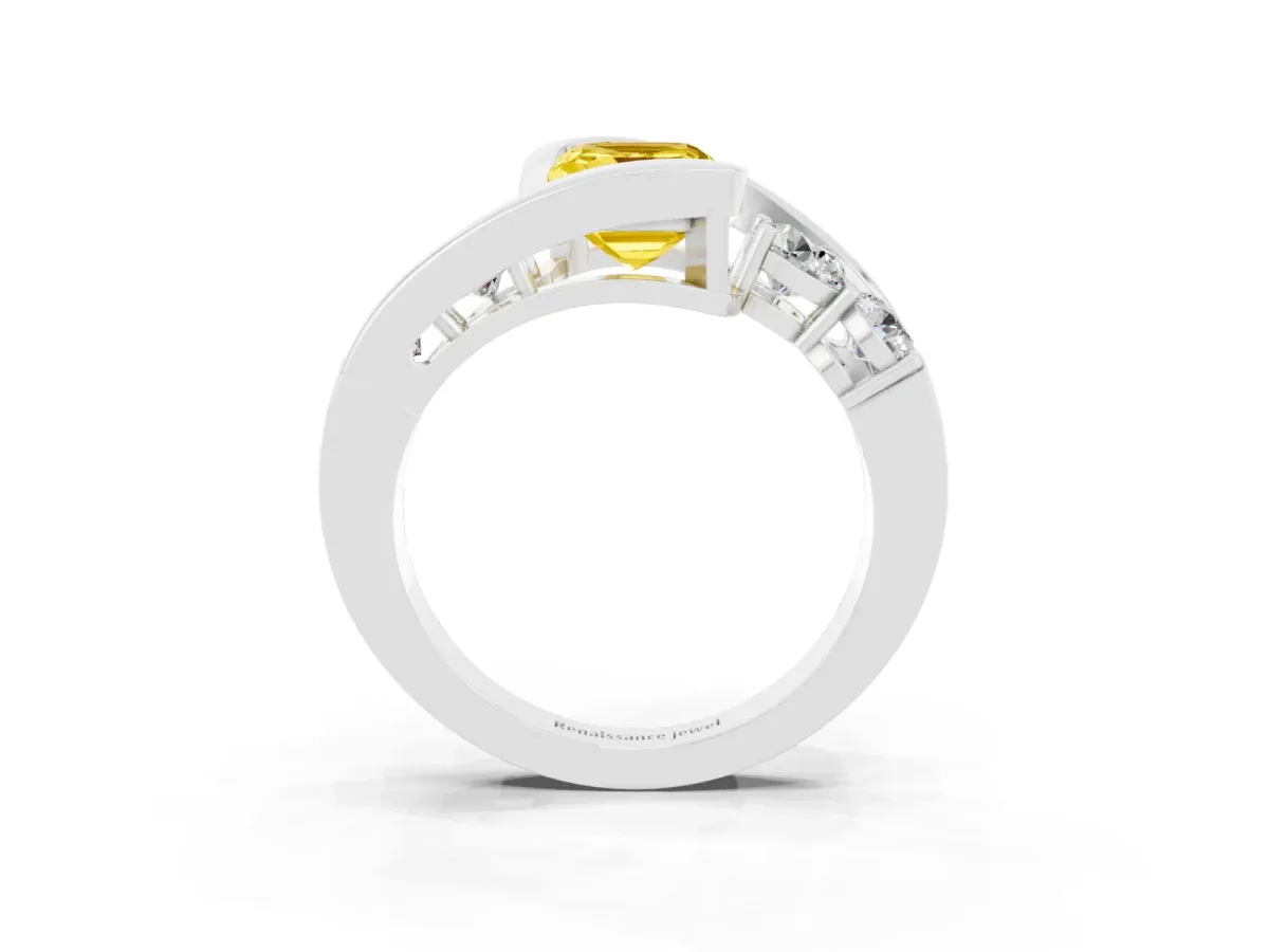 Bezel Set Emerald Cut Yellow Sapphire Bypass Ring with Round Accents Silver