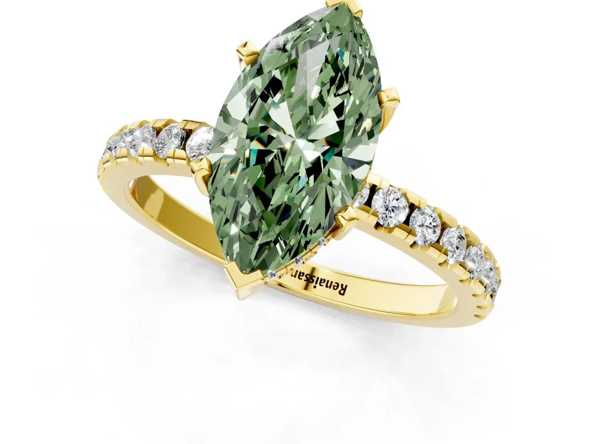 Fancy Green Marquise Cut Diamond Solitaire Ring with Round Pavé Band and Four-Prong Setting Yellow gold