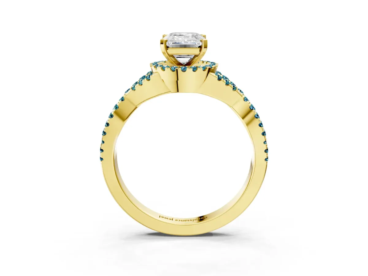 Emerald Cut Diamond Blue Topaz Halo Twist Band Solitaire Prong Setting Ring Yellow gold