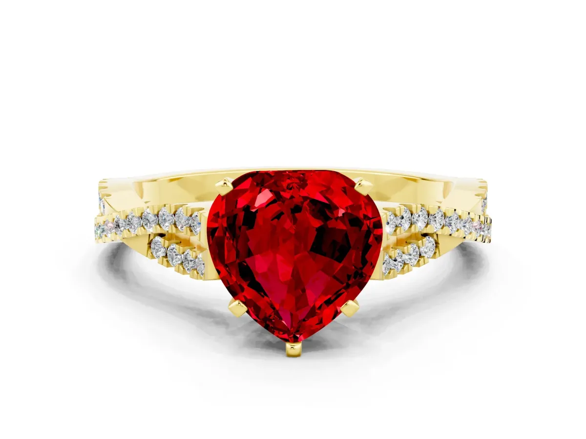 Heart Cut Ruby Solitaire Engagement Ring with Twisted Pavé Band and Four-Prong Setting Yellow gold
