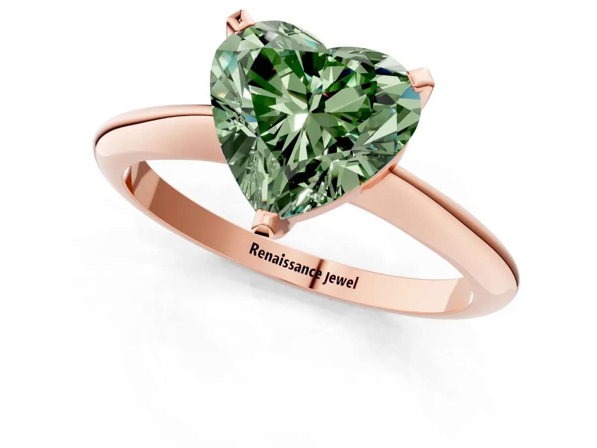 Fancy Green Heart Cut Diamond Solitaire Engagement Ring with Classic Band and Four-Prong Setting Rose gold