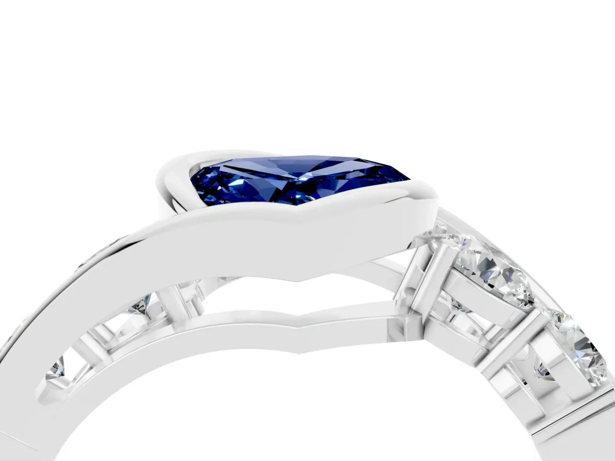 Bezel Set Heart Cut Blue Sapphire Bypass Ring with Round Accents Platinum