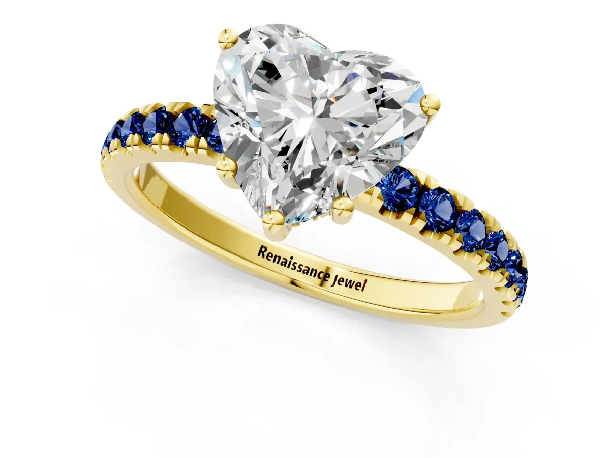 Heart Cut Diamond Pave Band Solitaire Ring with Round Blue Sapphire and Prong Setting Yellow gold