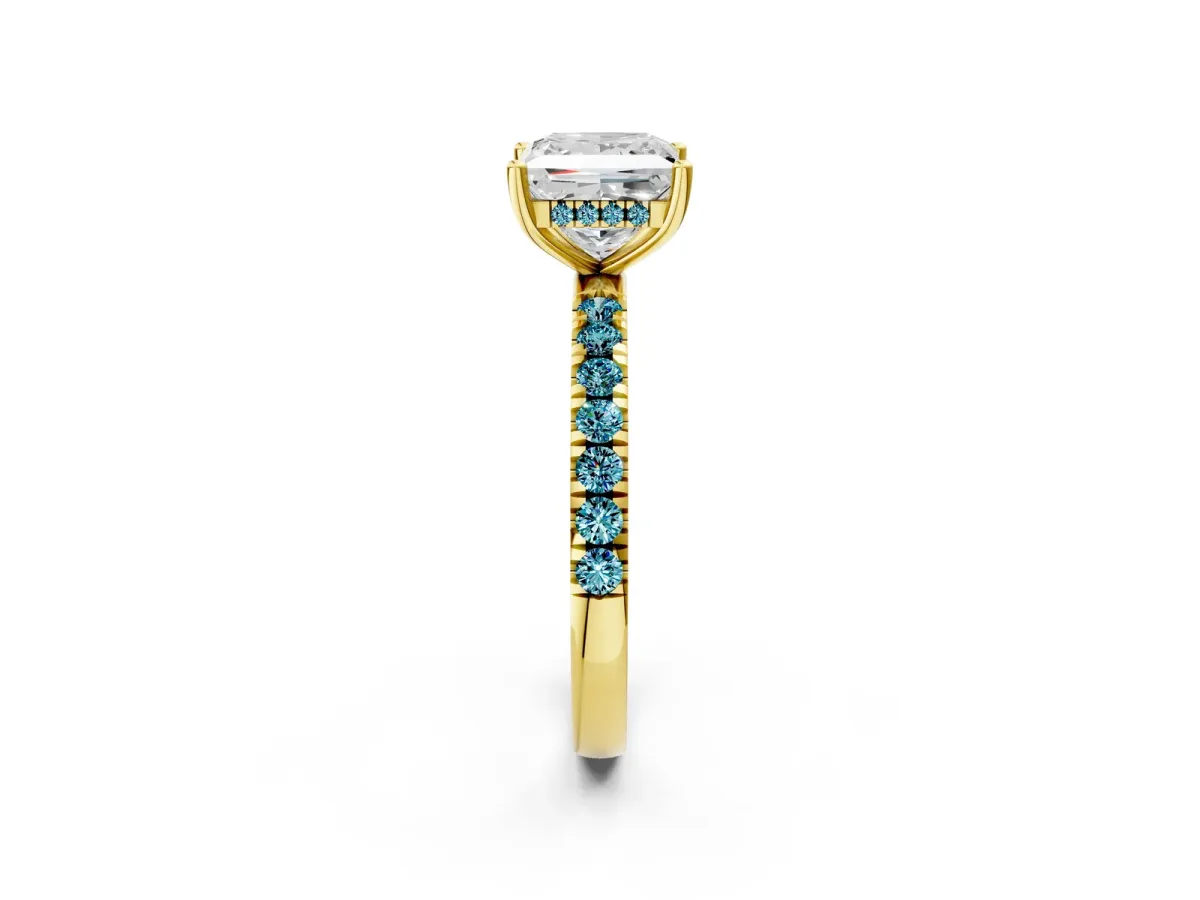 Princess Cut Diamond Pave Band Solitaire Ring with Round Blue Topaz and Prong Setting Yellow gold