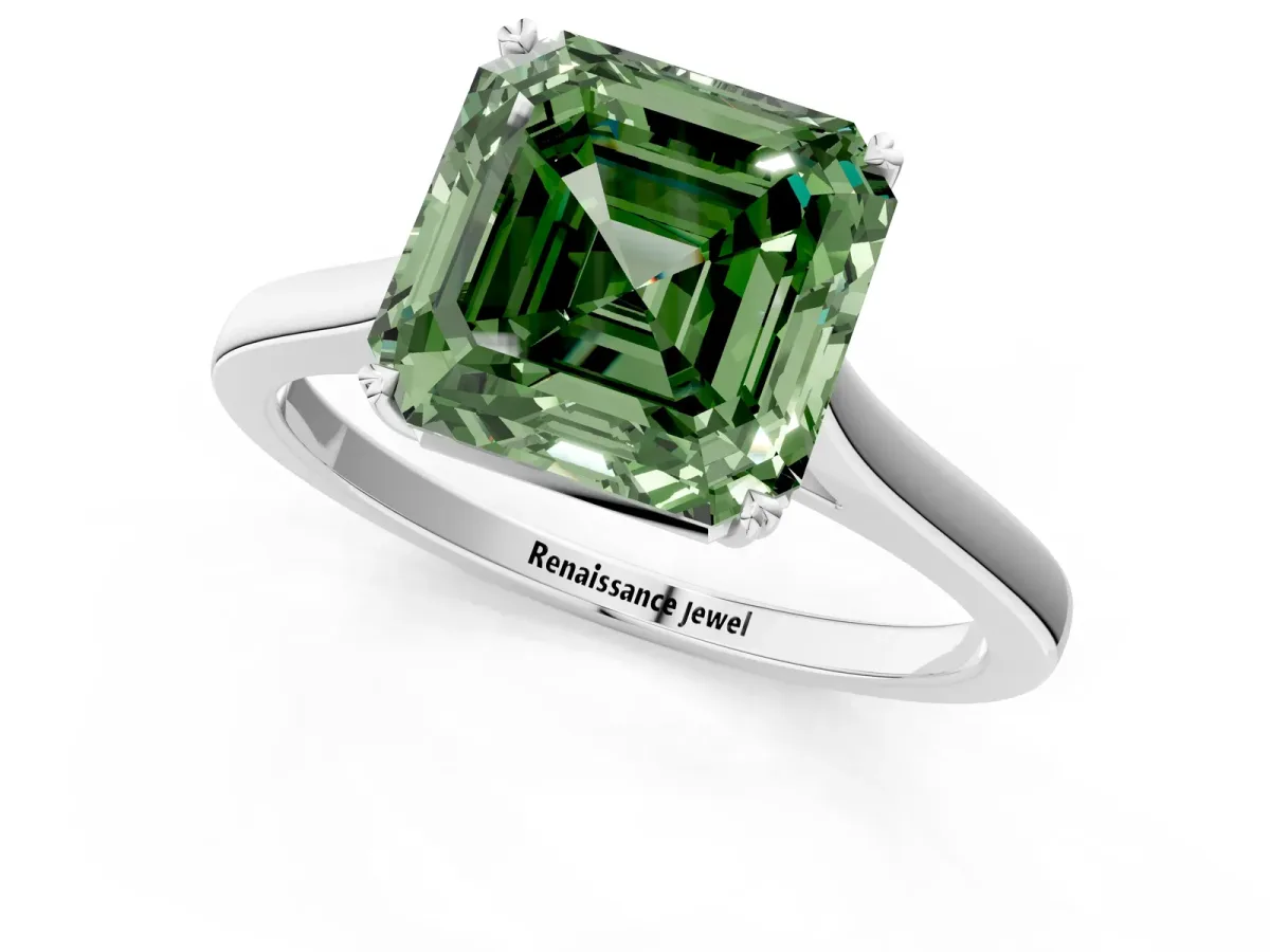 Fancy Green Asscher Cut Solitaire Heart Prong Engagement Ring with Tapered Band Platinum