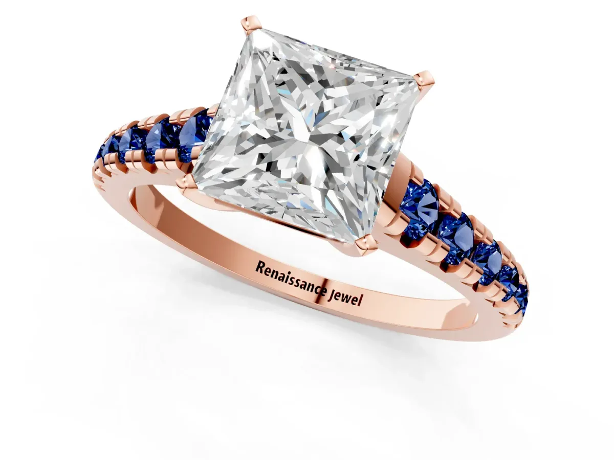 Princess Cut Diamond Cathedral Solitaire Ring with Round Blue Sapphire Pavé Band Rose gold