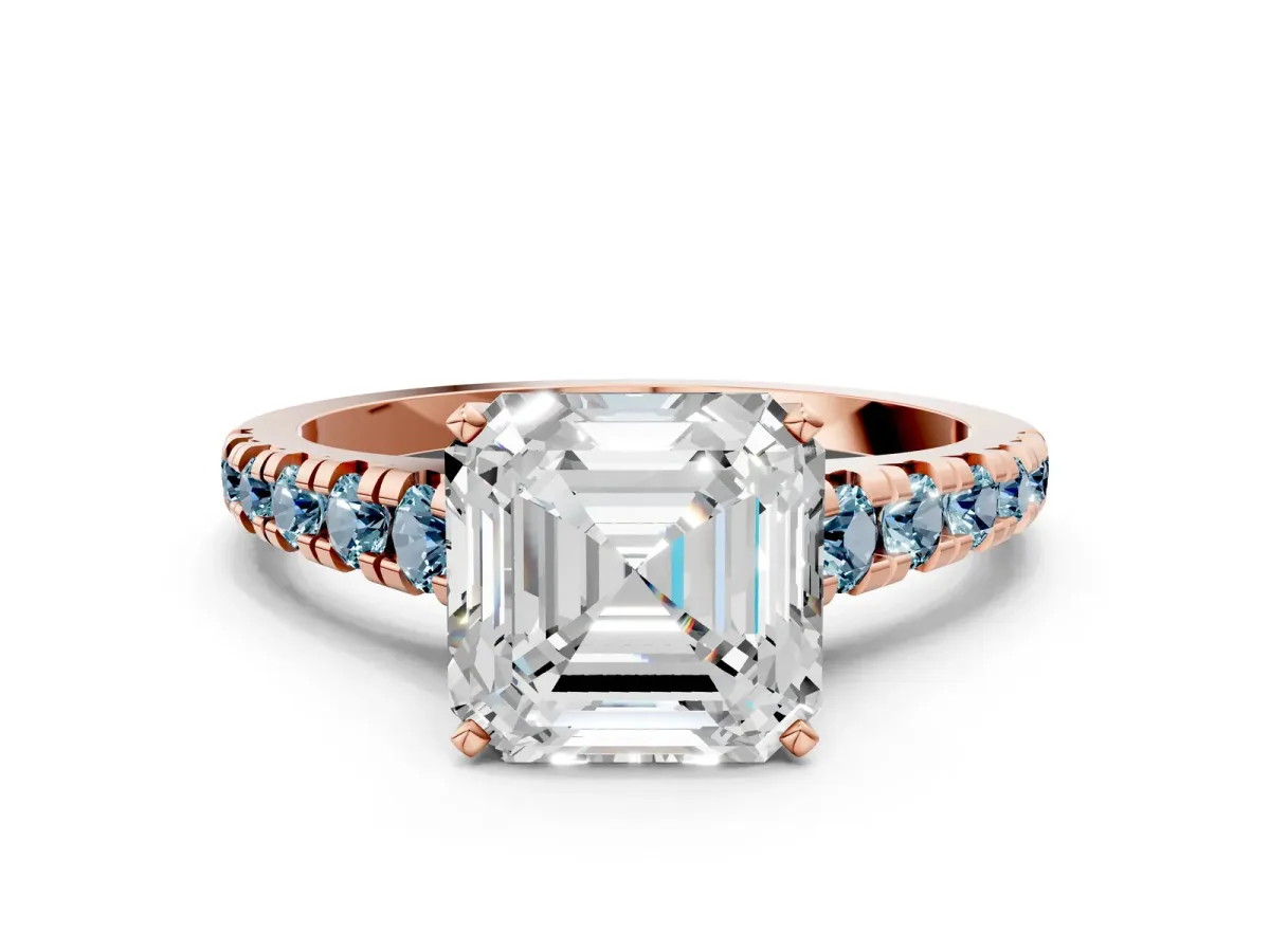 Asscher Cut Diamond Cathedral Solitaire Ring with Round Aquamarine Pavé Band Rose gold