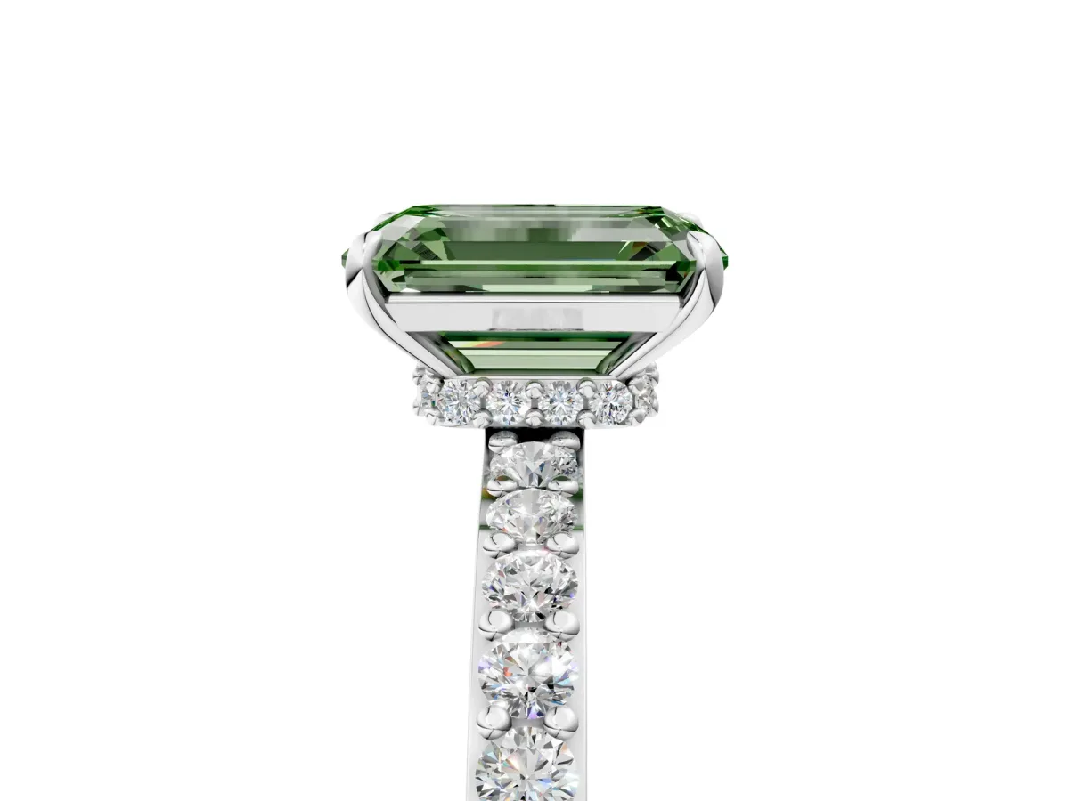 Fancy Green Emerald Cut Diamond Solitaire Engagement Ring with Pavé Band and Four-Prong Setting Silver