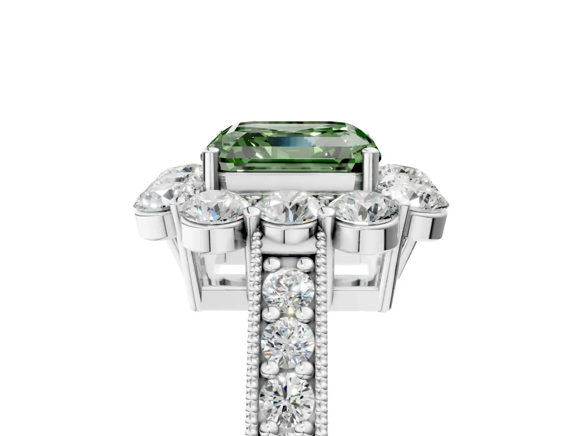 Fancy Green Asscher Cut Cut Halo Diamond Pavé Engagement Ring with Milgrain Detailing Platinum