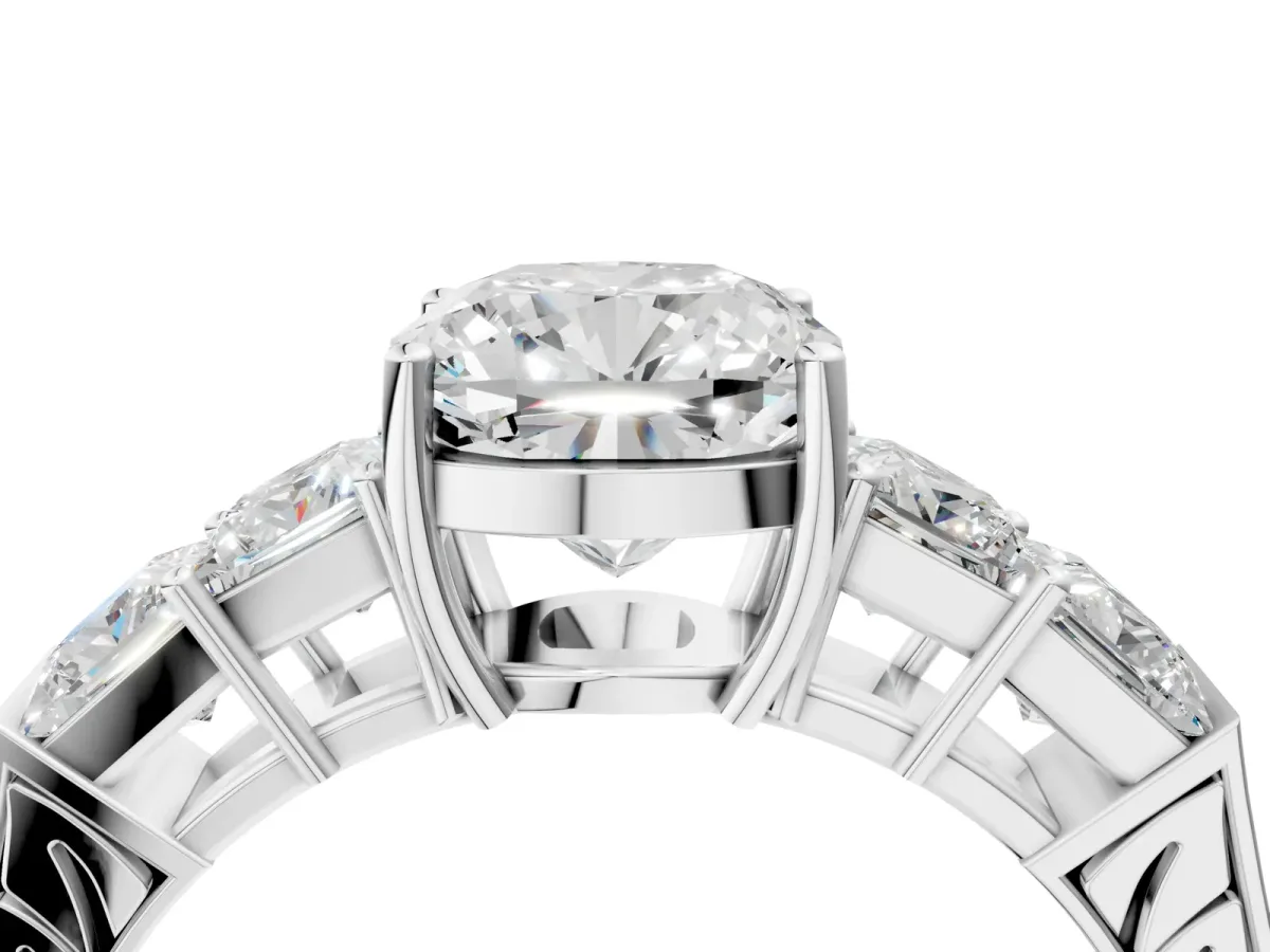 Cushion Cut Solitaire Princess Side Stone Engraved Band Prong Setting Ring Platinum