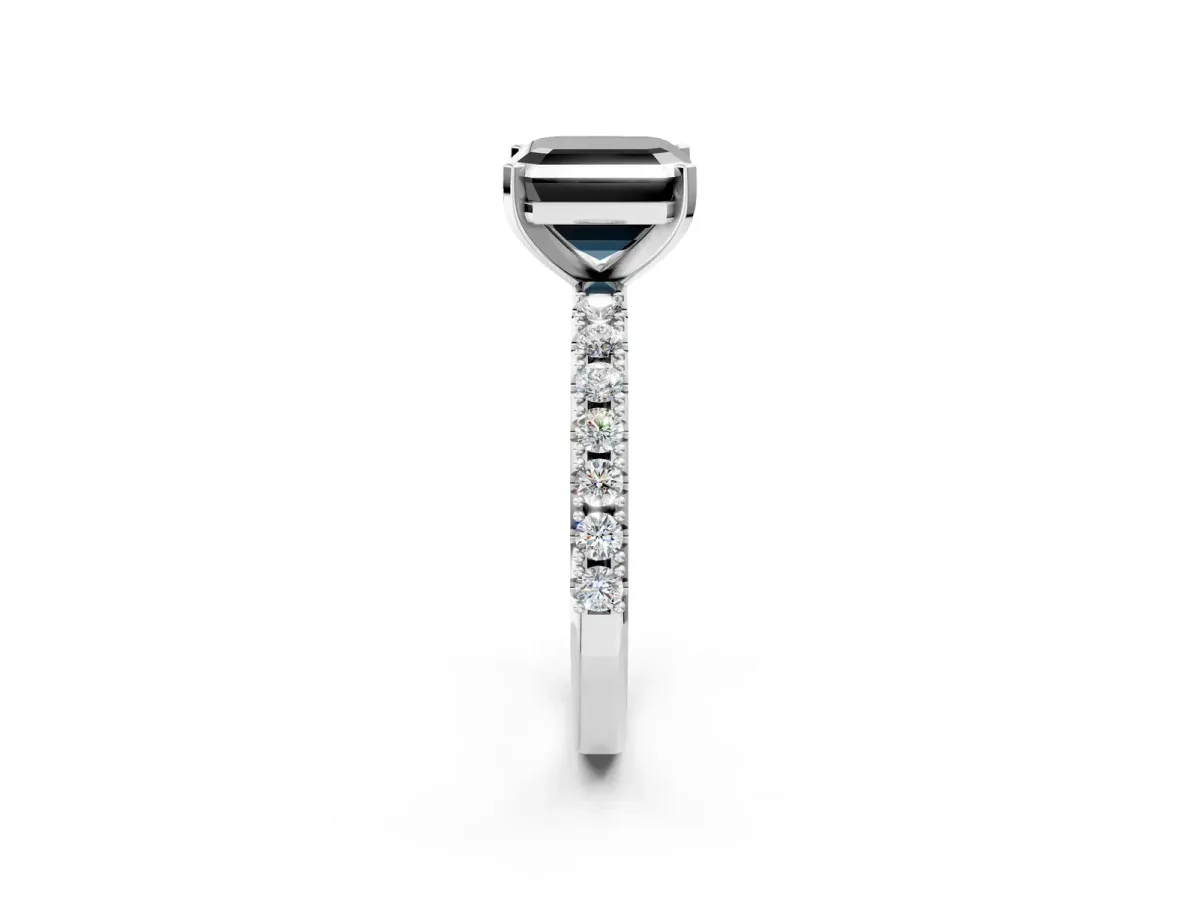 Fancy Black Asscher Cut Diamond Solitaire Pavé Band with Four-Prong Setting Silver