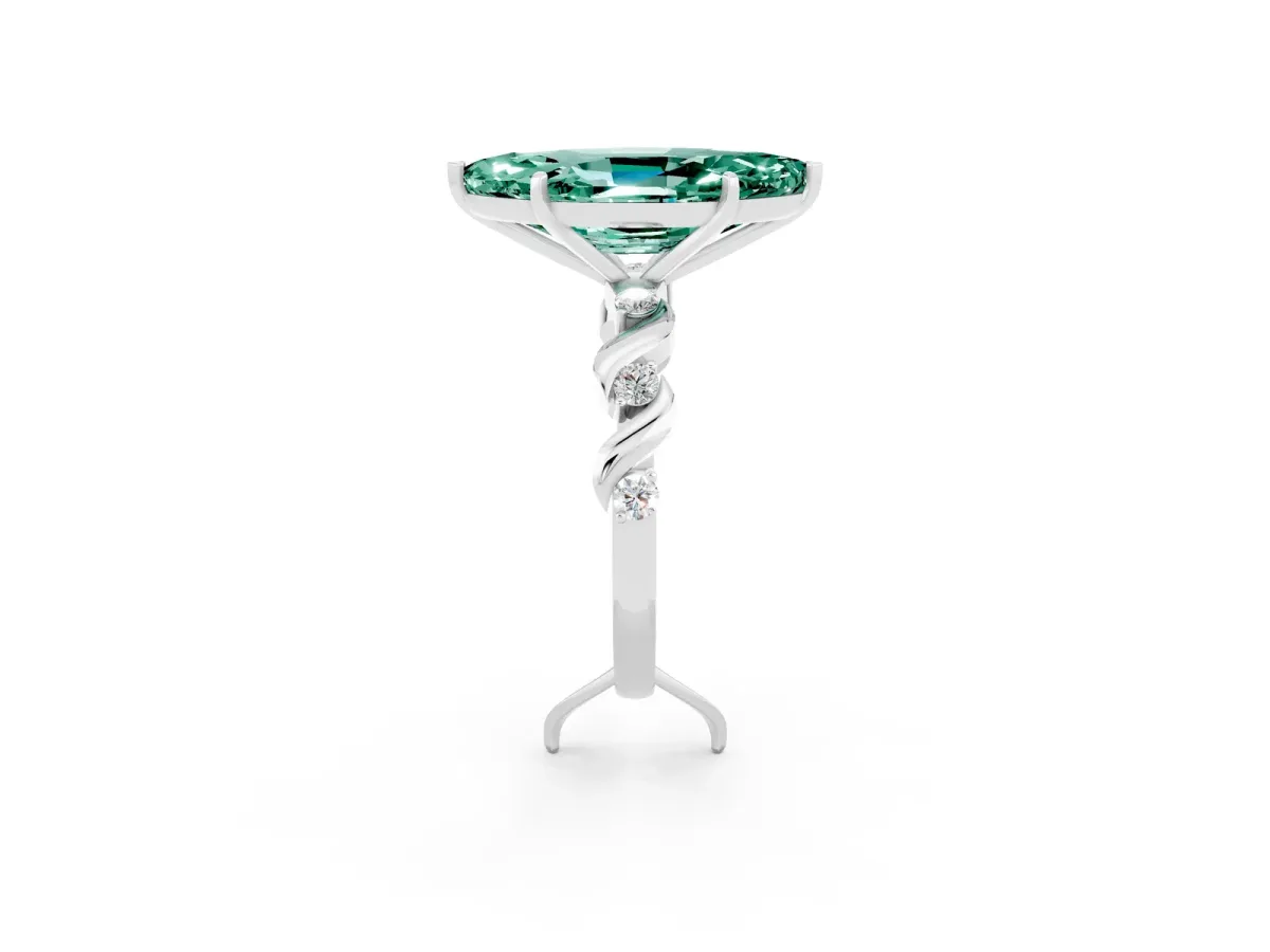 Marquise Cut Green Sapphire Solitaire Twisted Band with Round Accents and Prong Setting Platinum