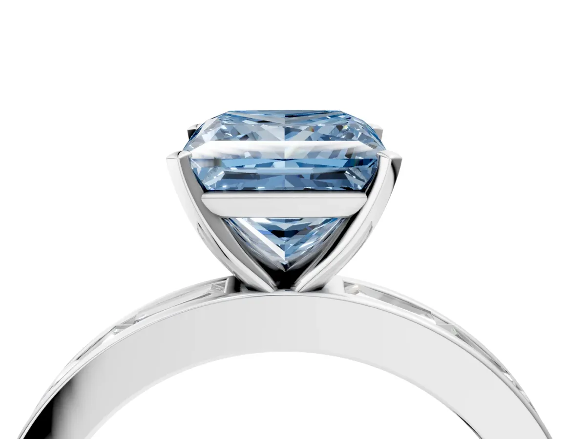 Fancy Blue Princess Cut Solitaire Diamond Ring with Channel-Set Baguette Band and Four-Prong Setting White gold