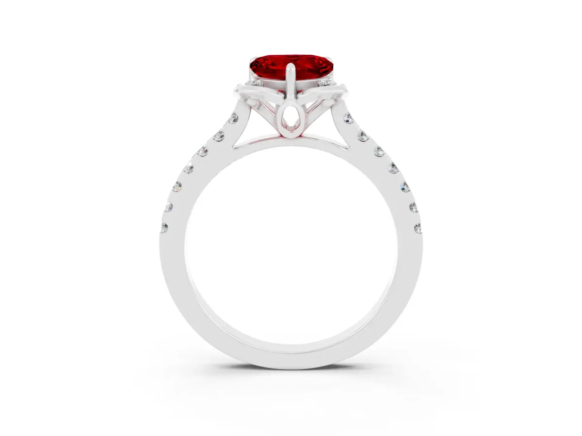 Heart Cut Ruby Ring with Pavé Band and Floral Prong Setting Silver