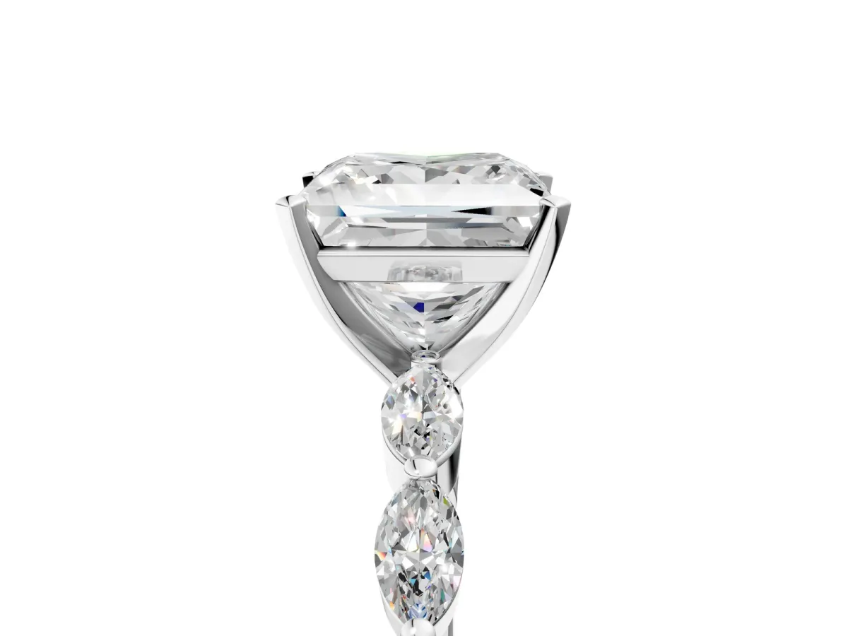 Princess Cut Diamond Ring with Marquise Side Stones and Prong Setting Platinum
