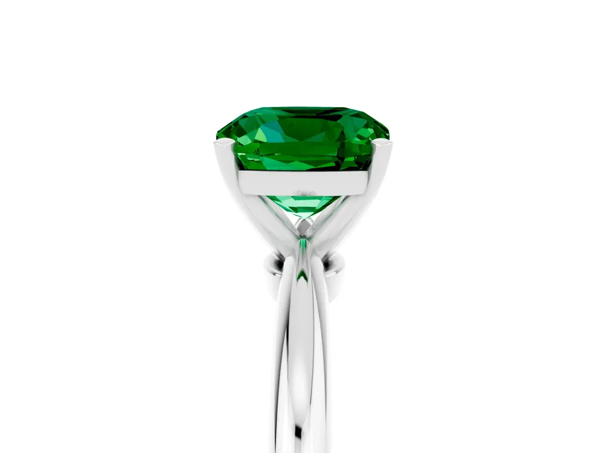 Cushion Cut Emerald Solitaire Ring with Six-Prong Setting and Classic Band Platinum