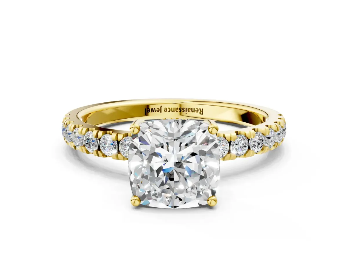 Cushion Cut Diamond Pave Band Solitaire Ring with Round Moissanite and Prong Setting Yellow gold