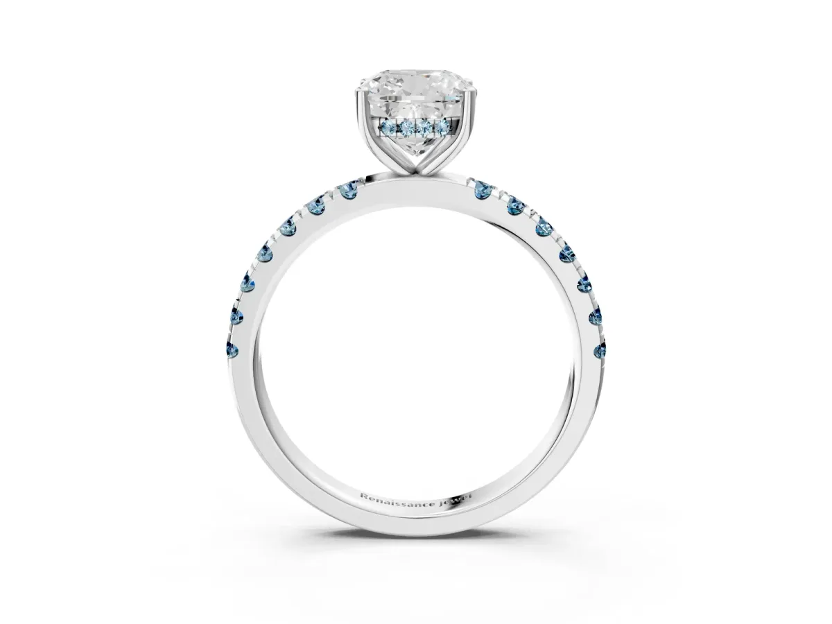 Cushion Cut Diamond Pave Band Solitaire Ring with Round Aquamarine and Prong Setting White gold