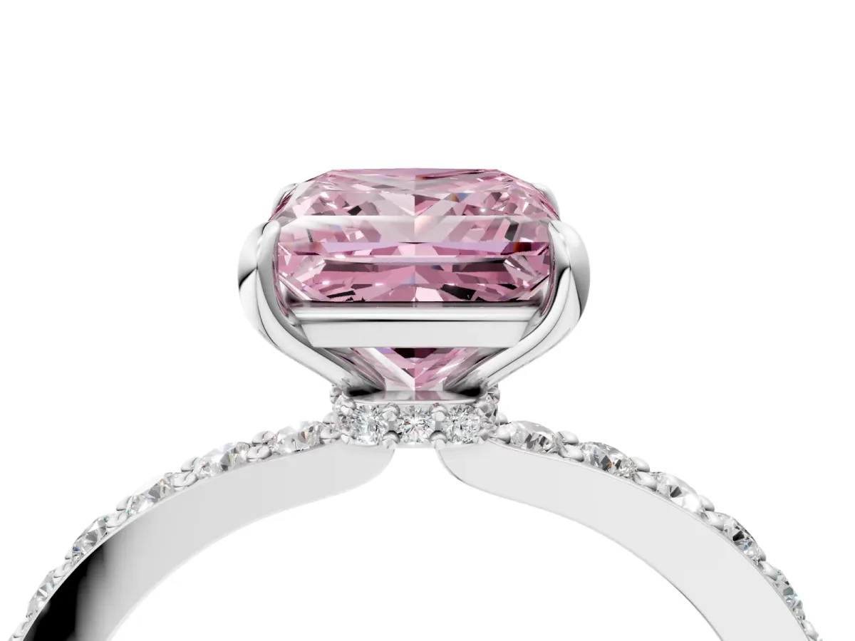 Fancy Pink Princess Cut Diamond Solitaire Engagement Ring with Pavé Band and Four-Prong Setting White gold