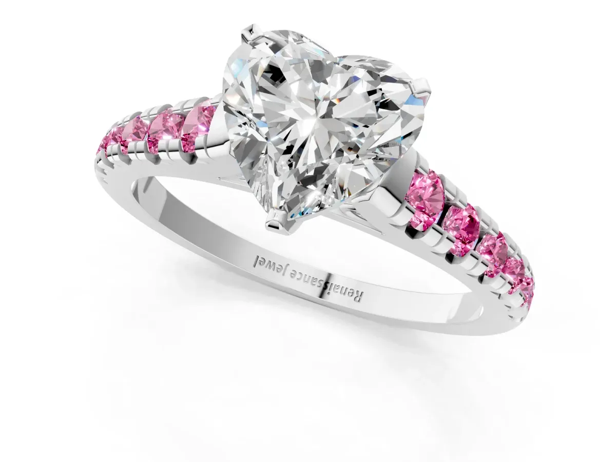 Heart Cut Diamond Cathedral Solitaire Ring with Round Pink Sapphire Pavé Band White gold