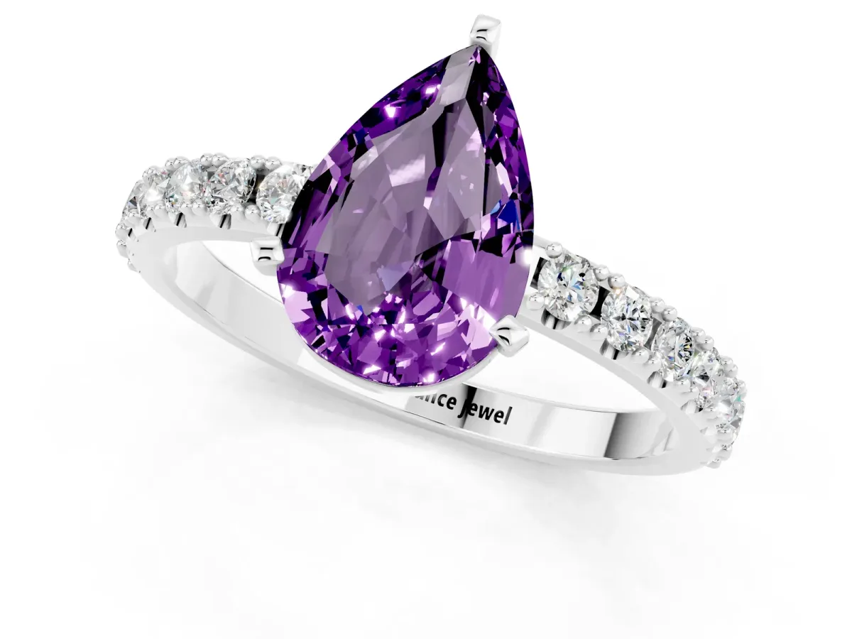 Pear Cut Amethyst Solitaire Pavé Band with Four-Prong Setting Silver