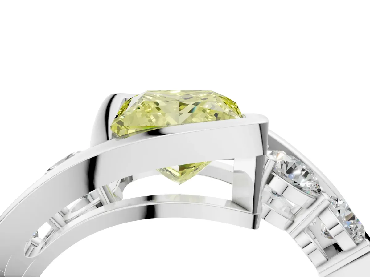 Fancy Yellow Bezel Set Princess Cut Diamond Bypass Ring with Round Accents Platinum