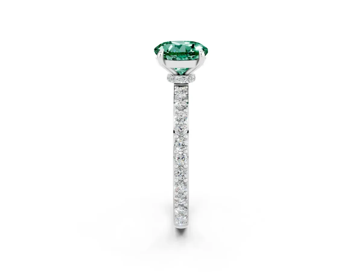 Round Cut Green Sapphire Solitaire Engagement Ring with Pavé Band and Four-Prong Setting White gold