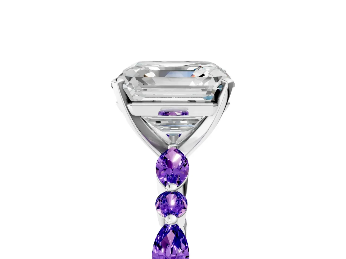 Asscher Cut Diamond Ring with Marquise and Round Tanzanite Side Stones and Four-Prong Setting White gold