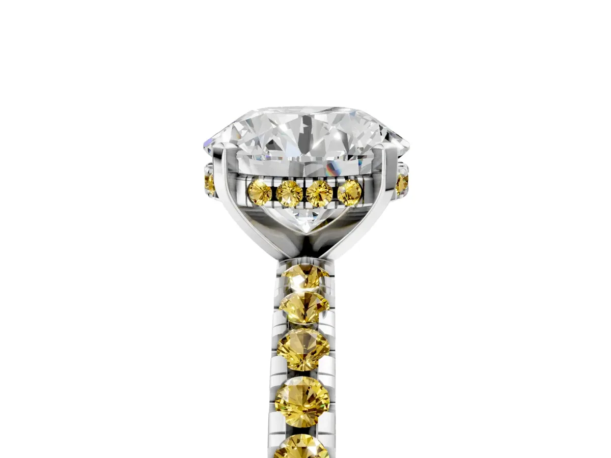 Round Cut Diamond Solitaire Ring with Round Yellow Sapphire Pavé Band and Four-Prong Setting White gold