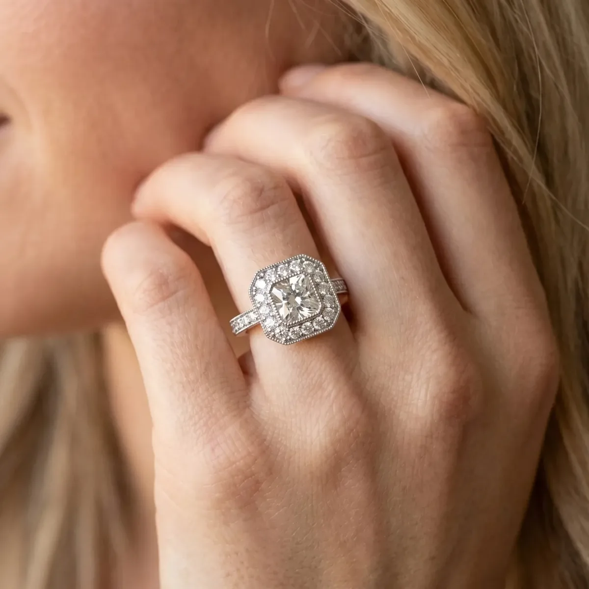Cushion Cut-Cut Diamond Halo Engagement Ring with Pave Band and Prong Setting White gold