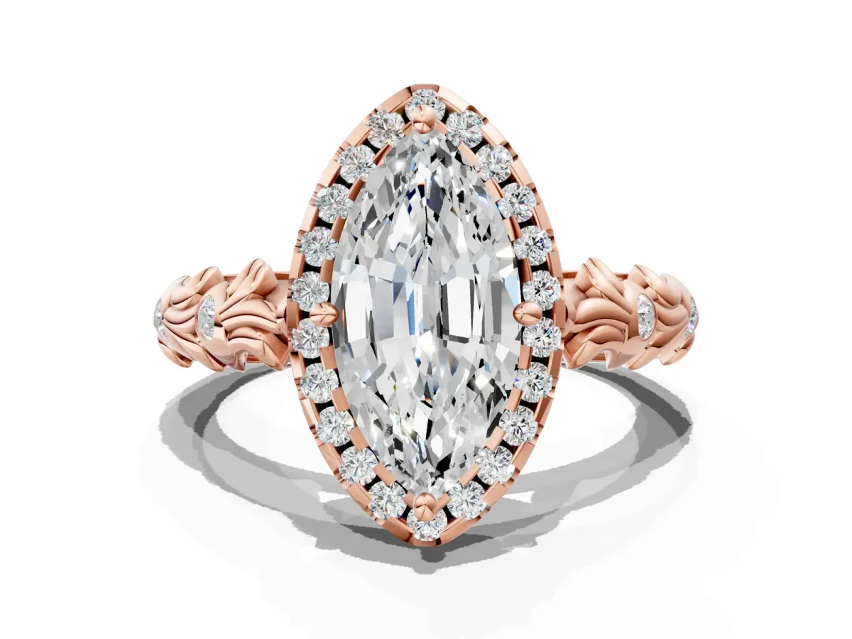 Marquise Cut Diamond Halo Ring with Filigree Band and Prong Setting Rose gold