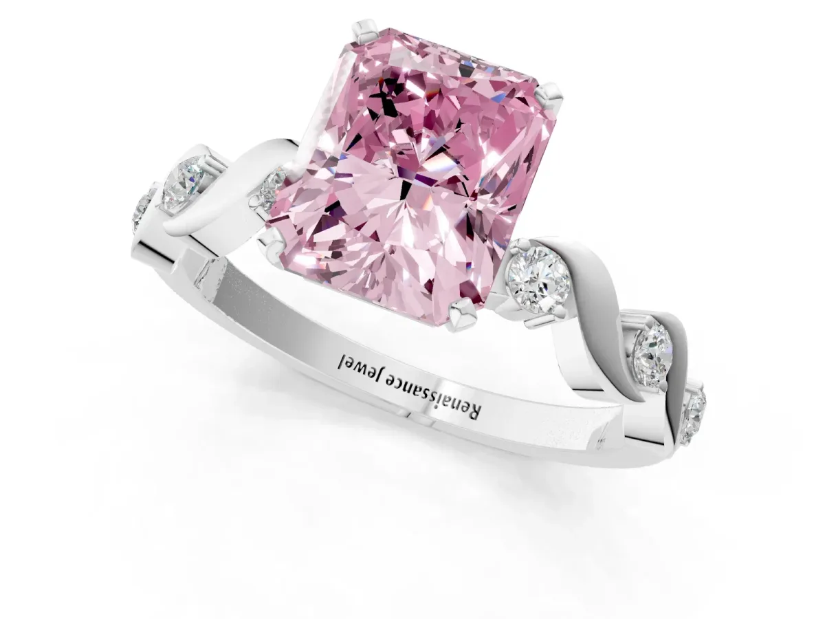 Fancy Pink Radiant Cut Diamond Solitaire Twisted Band with Round Accents and Prong Setting White gold