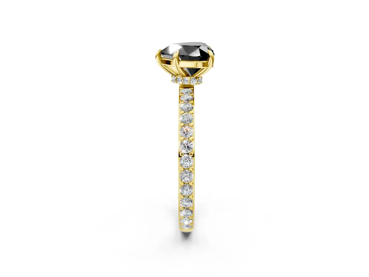 Fancy Black Heart Cut Diamond Solitaire Engagement Ring with Pavé Band and Four-Prong Setting Yellow gold