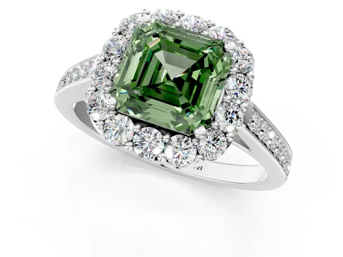 Fancy Green Asscher Cut Diamond Floral Halo Ring with Pavé Band and Prong Setting Platinum